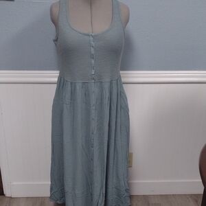 Frye Green Midi Sundress with Scoop Neck, Vacation,Beach, Casual.